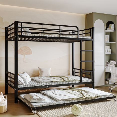 Letto a castello 90x190 cm/90x200 cm, 3 posti, con scala, 3 reti a doghe, struttura in metallo, barriera di sicurezza, letto a castello – Nero