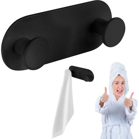 Toallero DOBLE, autoadhesivo, gancho de pared para atornillar, negro (1/3)