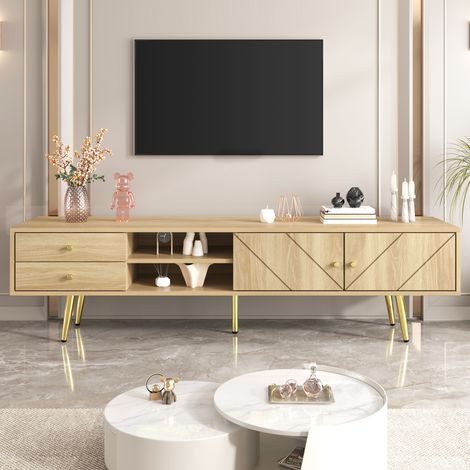 Armario de TV 160 cm con pies de oro, dos cajones y puertas de diseño único (1/5)