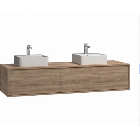 Vente-Unique – Meuble sous vasque suspendu 150 cm avec double vasque à poser carrée – Panneau de particule naturel clair – 2 tiroirs coulissants soft close
