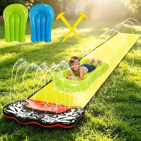 Toboggan Aquatique, 480 x 70cm Toboggan pour Pelouse, Tapis de Glisse Eau Enfant avec Arroseur D'éclaboussures, 2 Planches Gonflables, pour Pelouse et Jeux d'eau en Extérieur (Jaune) (1/5)