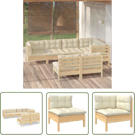 The Living Store 7-tlg. Garten-Lounge-Set mit Creme Kissen Massivholz Kiefer - Garten Lounge Set - Esszimmergarnitur - Outdoor Möbel - Gartenmöbel - Rattan Sessel (1/5)