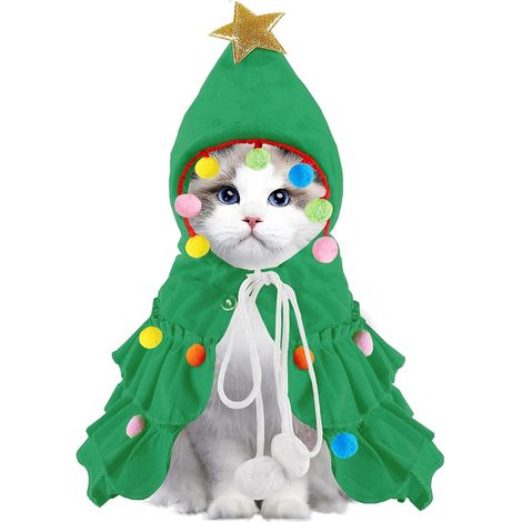 Ensemble cape et chapeau de Noël pour chats et chiens - Costume de lutin Père Noël vert avec étoiles et pompons, tenue festive, accessoire parfait pour les fêtes. (1/5)