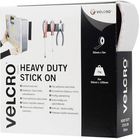 Heavy-Duty Double-Sided Hook and Loop (Velcro® VEL-EC60244) Adhesive Tape with Soft and Rigid Sides, 5000mm x 50mm, White