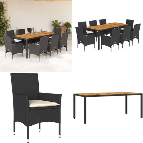Ensemble à manger de jardin et coussins 9 pcs noir rotin acacia - Meubles De Jardin - Salon De Jardin - Set De Jardin - Mobilier Extérieur - Table De Jardin - Home & Living (1/5)