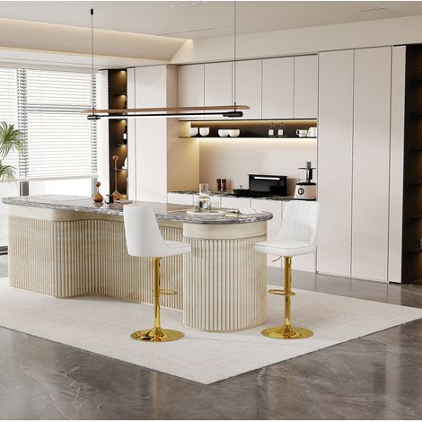 Tabouret de bar 42x40x95,5-117,5 cm en métal et PU blanc et or, 360° pour cuisine FloraGrace (1/5)