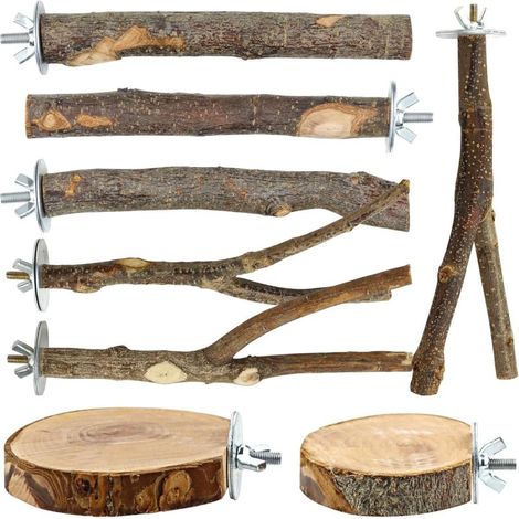 Perchoirs et plateforme en bois naturel pour cage, accessoires oiseaux (marron, 8 pièces) (1/5)