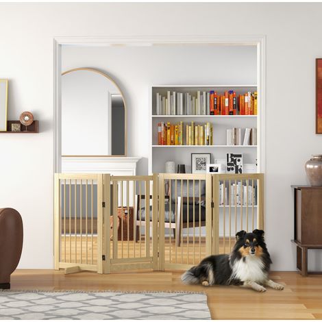 Barrière pour chien pliante 4 panneaux, 220 x 91 cm, avec portillon et 2 pieds, OKMYHOME (1/5)