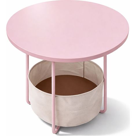 Mesa auxiliar Relaxdays, redonda con cesta de tela, HD 50x45 cm, para salón, MDF y metal, rosa crema
