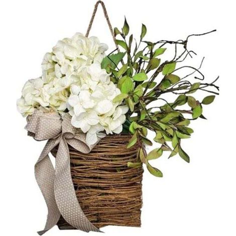 Couronne de Panier Suspendu avec Fleurs Sauvages et Message de Bienvenue pour Pâques Décoration d'Entrée (1/4)