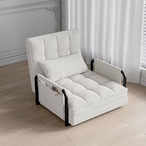 Sillón convertible de 1 plaza - Sofá cama con 5 posiciones ajustables - En chenilla - Acabados en lana de cordero - Blanco