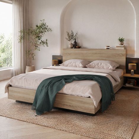 Letto matrimoniale moderno 160x200 cm in legno massello e truciolare E1, colore rovere Sonoma e grigio scuro, con 2 comodini integrati (1/5)