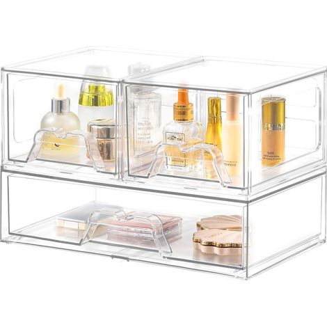 Lot de 3 Empilables Rangement Tiroir Organisateur Tiroir Salle de Bain en Acrylique Transparent Rangement Coiffeuse Organisateur (1/5)