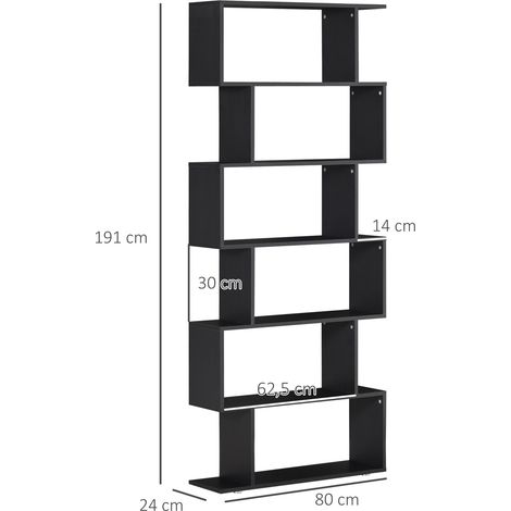 HOMCOM Bücherregal mit 6 Ablagen, Holz, S-Form, 80 x 24 x 191 cm, Schwarz