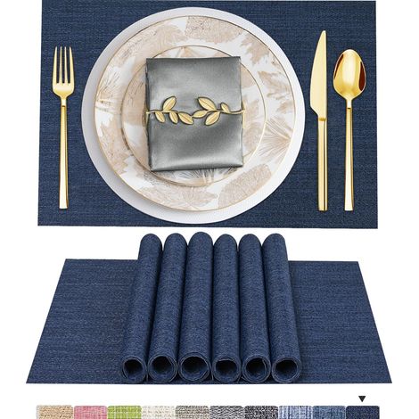 6 Sets de Table Lavable PVC Vinyle Dessous Assiette de Dîner Durables Napperon Rectangulaire Intérieure/Extérieure 6 Pièces 02 Bleu Marine (1/5)