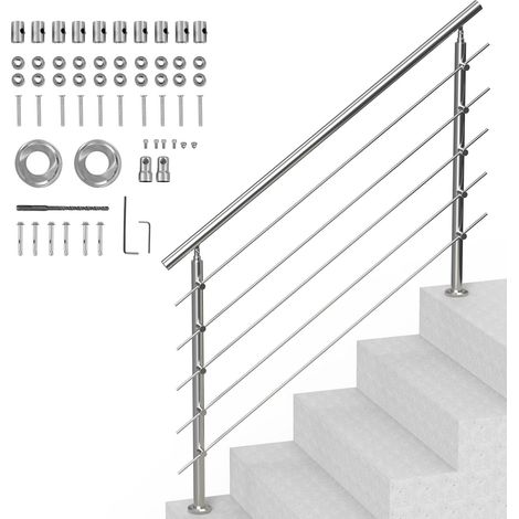 Garde-corps extérieur pour escalier, 150 cm, 5 barres, acier inoxydable, kit d'installation double colonne, pour seniors, terrasse et porche. (1/5)