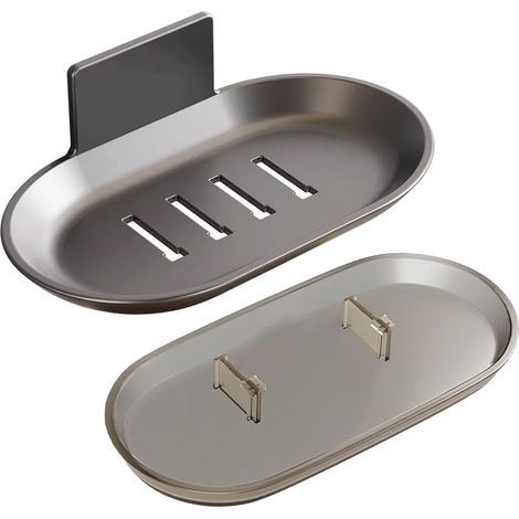 Porte-savon autocollant, sans perçage, fixation murale avec bac de récupération d'eau, sans perçage, porte-savon noir, porte-savon de salle de bain (1/3)