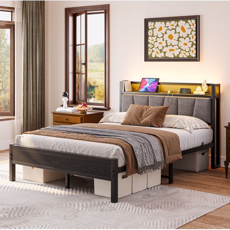 Cama adulta 140x190 cm de metal negro con LED y USB, fácil montaje, sin colchón -FLORAGRACE (1/5)