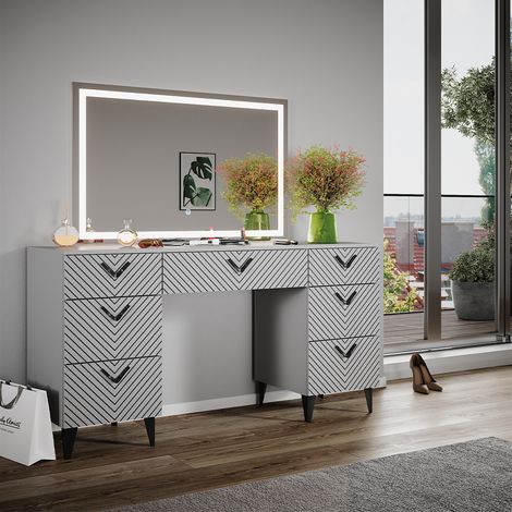 Tavolo da toeletta Anett, Grigio, 150 cm con specchio a LED, Vicco