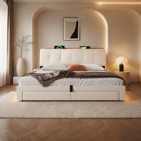 REDOM cama tapizada 218x182x107 cm, almacenaje hidráulico, USB y Tipo C, LED con app, lino beige (1/5)