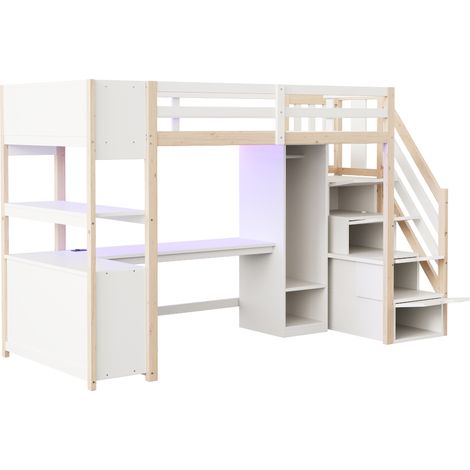 Cama alta 90 x 200 cm con escritorio, armario, almacenaje y LED, madera blanca y natural (1/5)