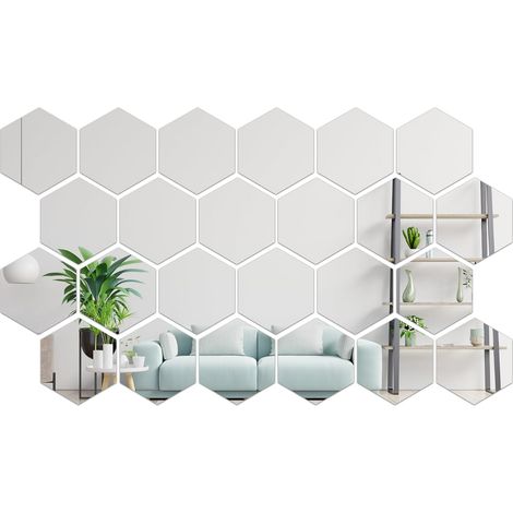 Lot de 24 Carreaux Miroir Hexagonaux - Acrylique - 12.6cm - Déco Murale - Argent (1/5)