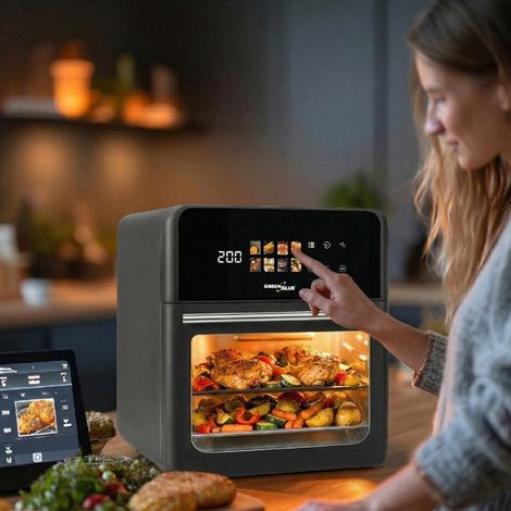GreenBlue GB950 Freidora sin aceite Air Fryer 10 L, 1800 W, ventana de visualización, 8 programas, 70-200 °C, temporizador de 60 min, panel táctil LED, accesorios: cesta y bandejas, color negro