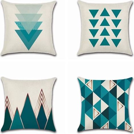 4 Pcs Housses de Coussin 45 x 45 cm, Carré Décoratif Taie d'oreiller Canapé Housse Coussin Bleu Triangle Imprimé Motif Géométrique Coton Lin Décoration Maison pour Chambre Salon Bureau (1/5)