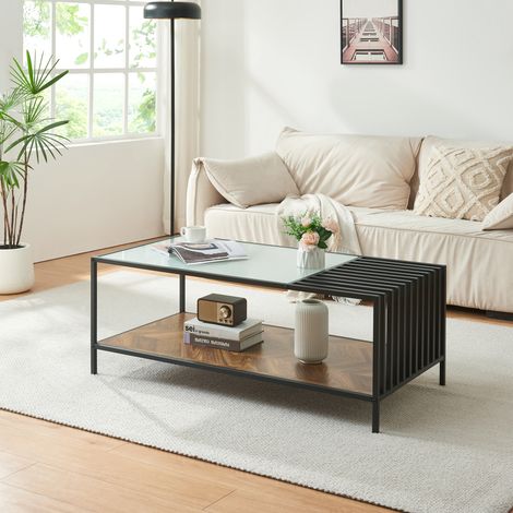 Tavolino Centrale da Salotto Pärghos 120x60x45 cm Nero / Vetro opaco / Effetto Rovere [en.casa] (1/5)