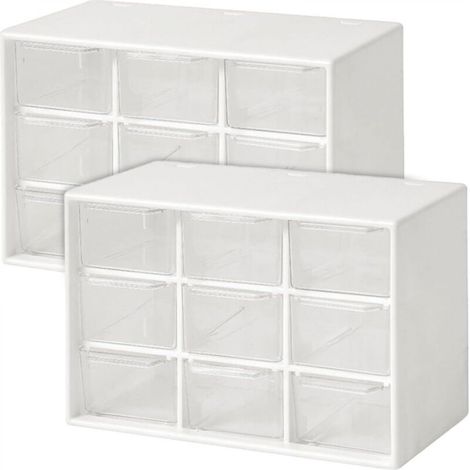 Set of 2 clear plastic storage boxes with 9 drawers and compartments for jewelry, cosmetics, and small parts. Desktop storage box. (1/4)