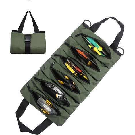 Bolsa de almacenamiento de herramientas para el mantenimiento del automóvil, kit de herramientas de lona para automóviles, color verde. (1/5)