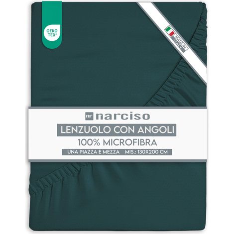 Drap housse 1 place et demie 130 x 200 + 25 cm, en microfibre, couleur unie, draps 1 place et demie, respirants et hypoallergéniques, linge de lit fabriqué en Italie, Ottanio (1/5)