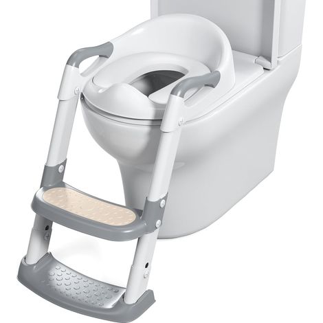 Réducteur WC, Pot Bebe Toilette, Rehausseur Toilette Enfant, Coussinet Antidérapant Avec Poignées, Hauteur Réglable, Tabouret Pliable, Gris