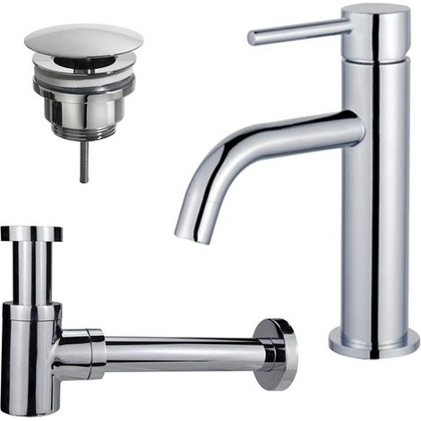 FugaFlow Eccelente Sobrado Slim Slim Kit mitigeur lavabo - robinet bas - bonde non-obturable - siphon design bas - Chrome brillant (1/4)