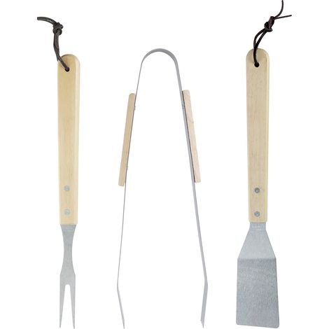 3-teiliges Grillwerkzeug-Set aus Stahl und Holz - Spatel, Zange und Gabel - 35 x 6,8 x 1,5 cm, 35 x 9,5 x 2,5 cm, 35 x 2,2 x 1,5 cm (1/5)