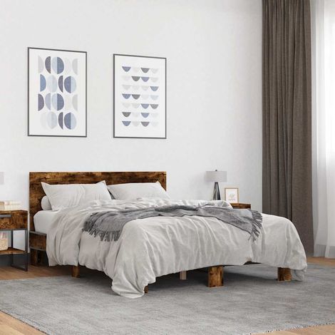 vidaXL Estructura cama madera ingeniería metal roble ahumado 120x190cm (1/5)