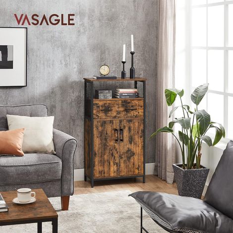 VASAGLE Mobiletto Multiuso, Armadietto, Credenza, con Cassetto e Ripiano Regolabile, Mobile da Bagno, Struttura in Acciaio, per Salotto Cucina, Marrone Vintage e Nero (1/6)
