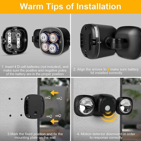 Lampe d'extérieur avec détecteur de mouvement, à piles, montage mural, lampe d'extérieur LED, projecteur extérieur rechargeable (1/5)