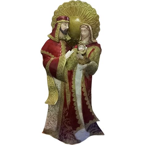 Statua Sacra Famiglia in Metallo Decorata a Mano Maria Giuseppe e Gesù Bambino Presepe Natalizio in blocco latta perlato Artigianale Decorazione Religiosa Dipinta alta cm 49 pezzo raro