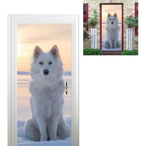 PORTE PHOTO Stickers Porte Poster 3D - Loup Animal Blanc Neige Papier Peint Porte Trompe L'Oeil Pour Salon Décoration De La Maison (1/5)