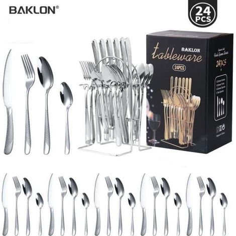 (Silver) 24-Piece Stainless Steel Cutlery Set, Tableware for 6 People, Includes Knives/Forks/Spoons, Mirror Polished (1/4)