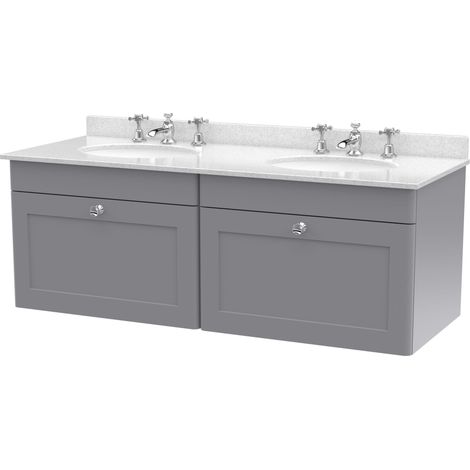 Swynnerton Traditional 2 Drawer Wall Hung Vanity Unit with Double Marble Basin, Satin Grey, 1200mm