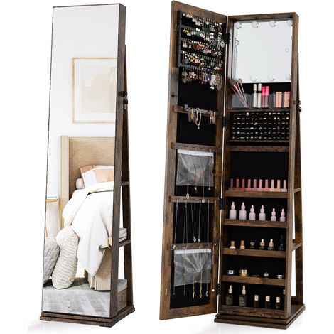 Miroir plein pied 360° armoire à bijoux pivotante, rangement bijoux et cosmétiques avec LED (1/5)