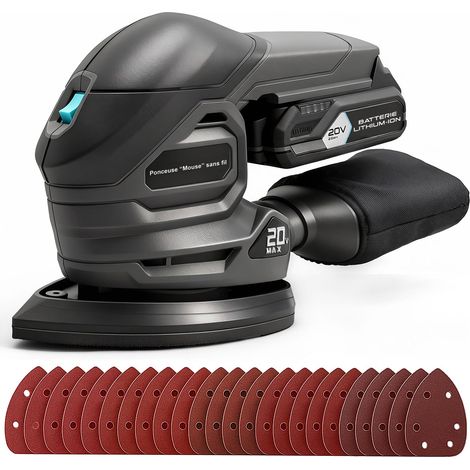 Ponceuse Triangulaire Sans Fil 20V, Mini Ponceuse Bois 12000 tr/min avec Sac à Poussière, 20 Feuilles Abrasives, Poignée Ergonomique, Batterie 2.0Ah et Chargeur Inclus,Ponceuse Murale (1/5)
