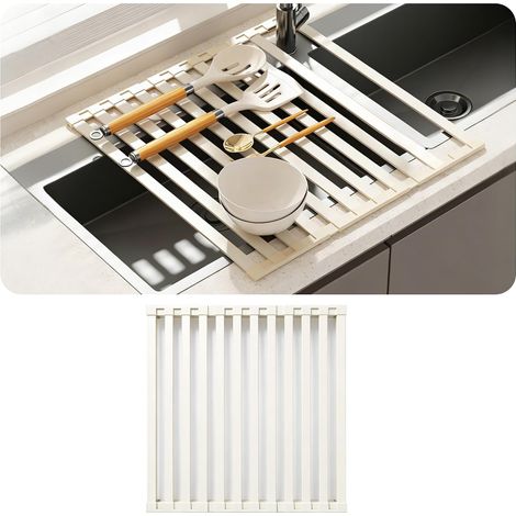 Escurridor plegable y desmontable, escurridor de fregadero, estante de almacenamiento de cocina con alfombrilla de drenaje (blanco, 35 × 45 cm) (1/5)