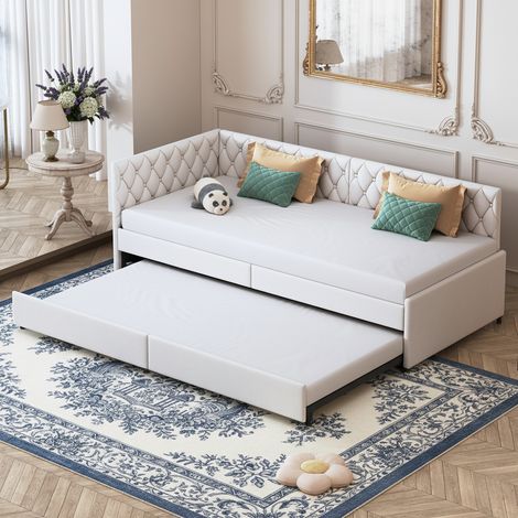 Divano letto estraibile con ruote 90/180 x 200 cm, 2 posti, rivestimento in velluto, schienale imbottito e rete a doghe, beige (1/5)