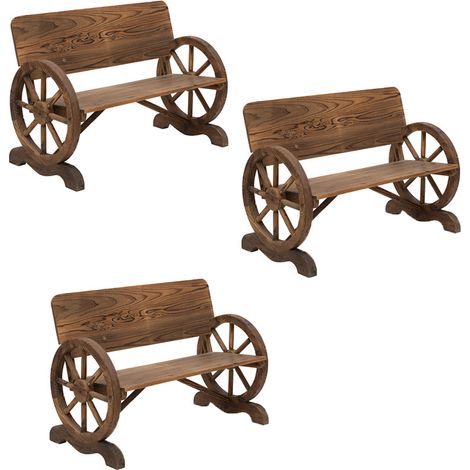 3er-Set 2-Sitzer Gartenbank Massivholz mit Armlehne, Sitzbank mit Wagenräder-Design, Gartenmöbel 250kg belastbar, Rustikale Bank, 114 x 58 x 80 cm, Braun