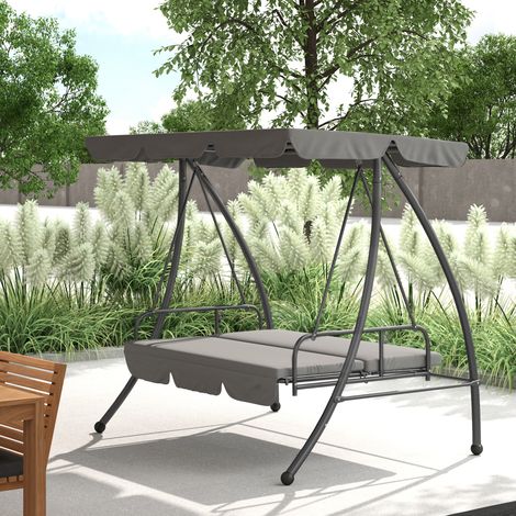 Balancelle de gris clair jardin convertible inclinaison toit réglable matelas métal polyester 2 x 1.25 x 1.7 m 3 places aménagement intérieu