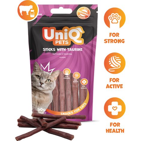 Golosinas Uniq Pets para gatos: palitos de carne de res con taurina, 50 g. (1/3)