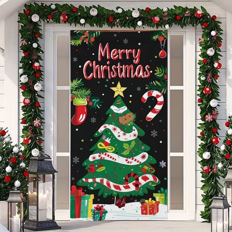 Décoration de porte de Noël neuve, motif cadeau du Père Noël, toile de fond pour une ambiance festive - 90 x 180 cm (perforée + ruban) - Lot de 4